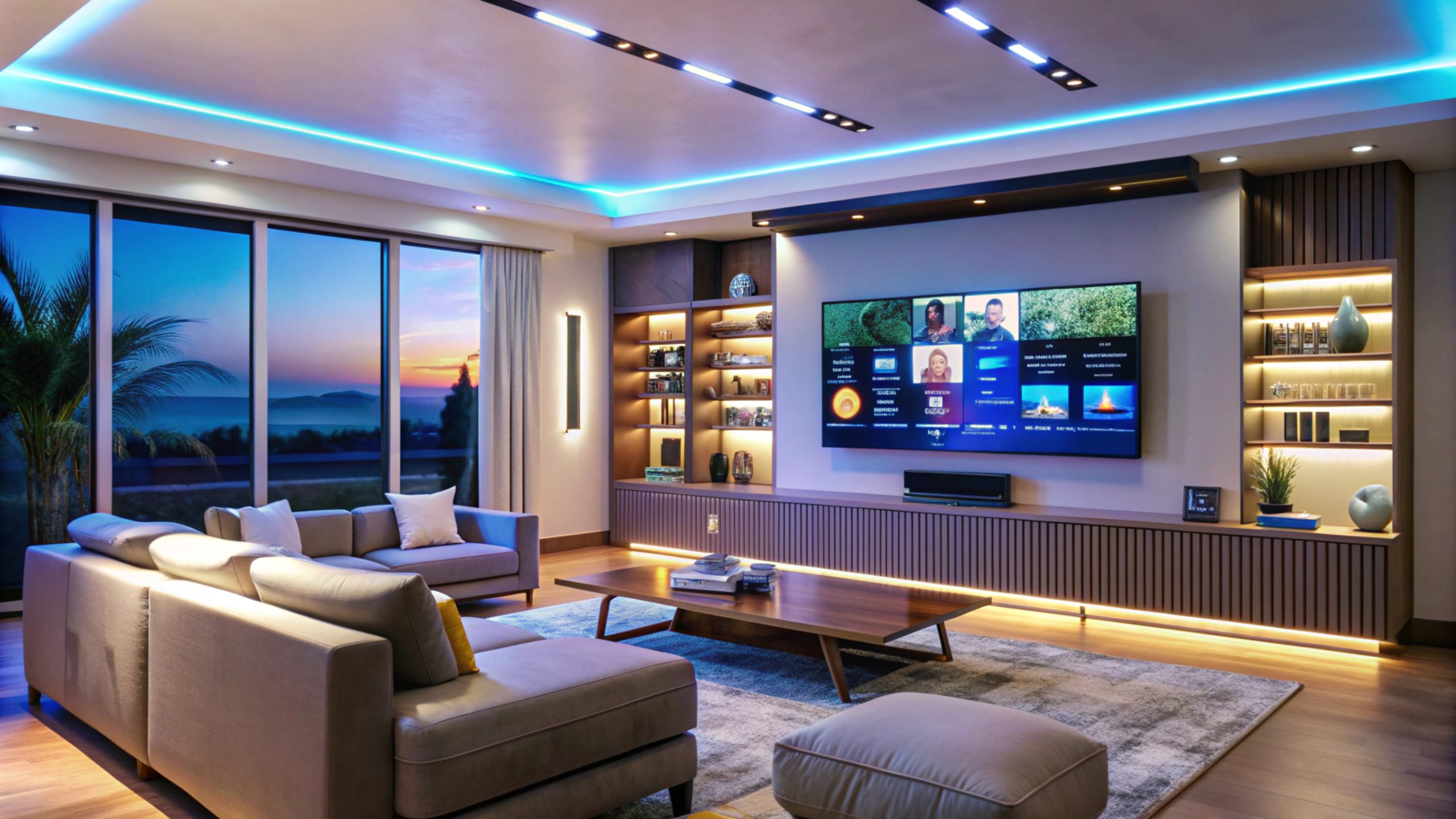 modern living room with large tv led lights scaled